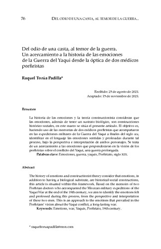 Del odio de una casta, al temor de la guerra. Un acercamiento a la historia de las emociones de la Guerra del Yaqui desde la óptica de dos médicos porfiristas