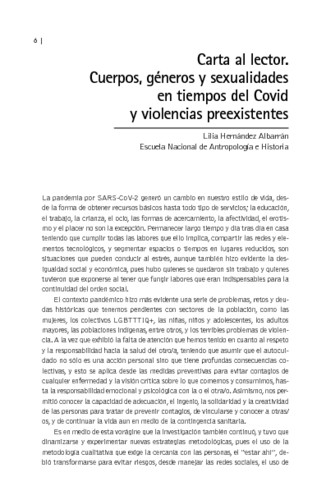 Carta al lector. Cuerpos, géneros y sexualidades en tiempos del Covid y violencias preexistentes