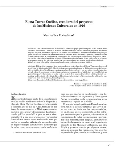 Elena Torres Cuéllar, creadora del proyecto de las Misiones Culturales en 1926