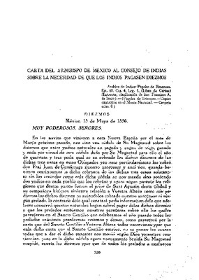 Carta del Arzobispo de México al Consejo de Indias sobre la necesidad de que los indios pagasen diezmos.