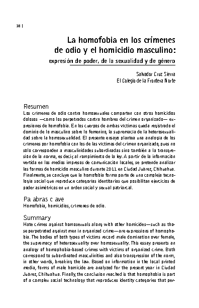 La homofobia en los crímenes de odio y el homicidio masculino: expresión de poder, de la sexualidad y de género