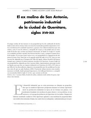 El ex molino de San Antonio, patrimonio industrial de la ciudad de Querétaro, siglos XVII-XIX