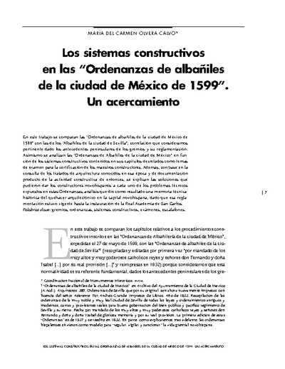 Los sistemas constructivos en las "Ordenanzas de albañiles de la ciudad de México de 1599". Un acercamiento.