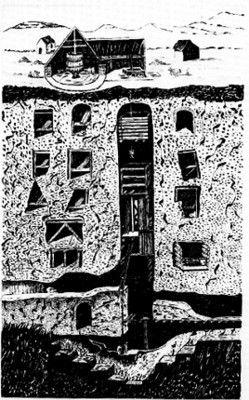 Corte del diseño de una mina, dibujo