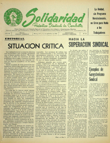 Solidaridad. Periódico Sindical de Combate.Órgano de la Federación Nacional de Trabajadores de la Industria y Comunicaciones Eléctricas Núm. 32 Primera época (1956) septiembre