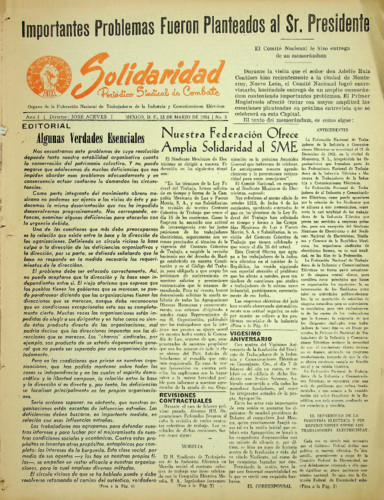 Solidaridad. Periódico Sindical de Combate.Órgano de la Federación Nacional de Trabajadores de la Industria y Comunicaciones Eléctricas Núm. 3 Primera época (1954) marzo