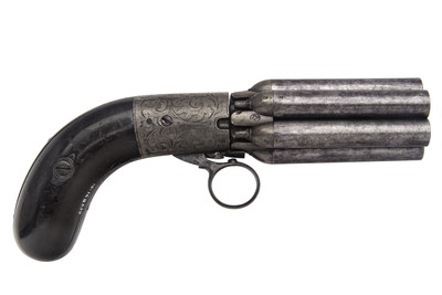 Pepperbox de seis cañones de ánima rayada con llave de percusión y sistema de rotación mecánica
