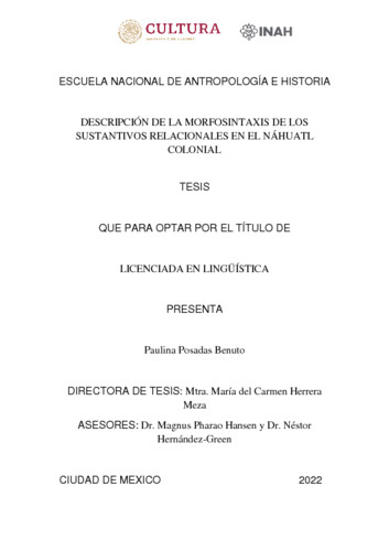 Descripción de la morfosíntaxis de los sustantivos relacionales en el náhuatl colonial