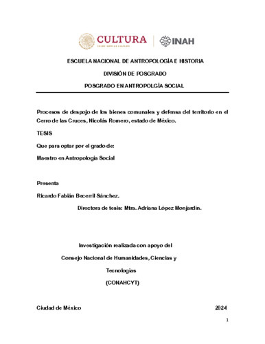 Proceso de despojo de los bienes comunales y defensa del territorio en el cerro de las cruces, Nicolás Romero, estado de México